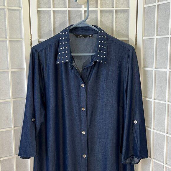 Mlle Gabrielle Navy Blue Shirt Dress, Silver studs and buttons, XL - Picture 3 of 9